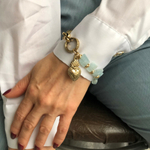 Браслет с аквамарином и сердцем, ассиметрия, цвет черненое золото, Италия