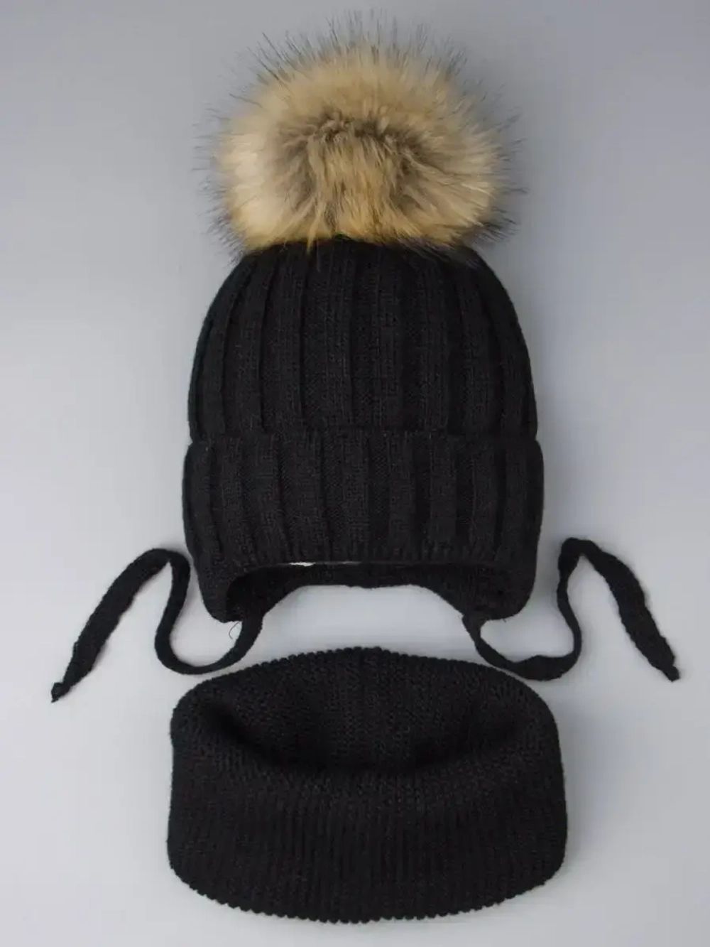 Шапка зимняя детская с помпоном и снуд