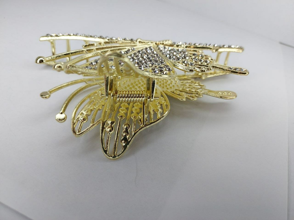 Заколка Краб "Бабочка" со стразами. Металл. Золото. Усиленная.Для волос.