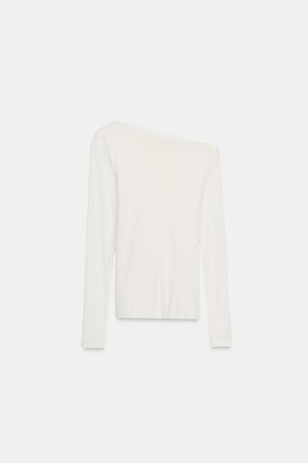 ZARA АСИММЕТРИЧНАЯ ФУТБОЛКА С ДЛИННЫМИ РУКАВАМИ, ЭКРЮ