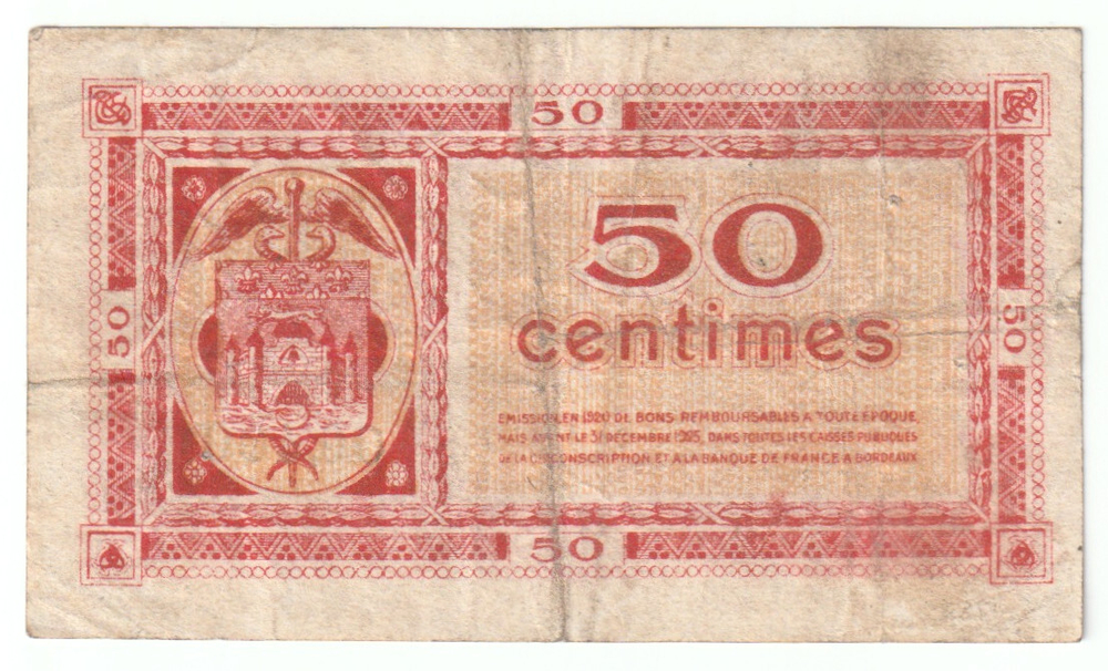 France, 50 Centimes - Bordeaux, 1920 – Regionalism & Emergency Issue, VF