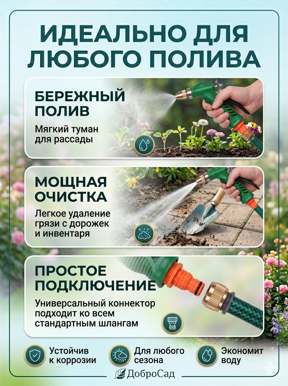 Наконечник-пистолет с регулятором напора воды, металлическая ручка ДоброСад