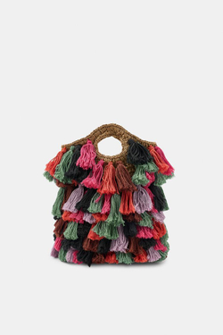 ZARA КОМБИНИРОВАННАЯ СУМКА С ПОМПОНАМИ, РАЗНОЦВЕТНЫЙ