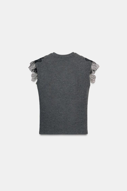 ZARA ТОП В РУБЧИК С ЦВЕТАМИ, СЕРЫЙ