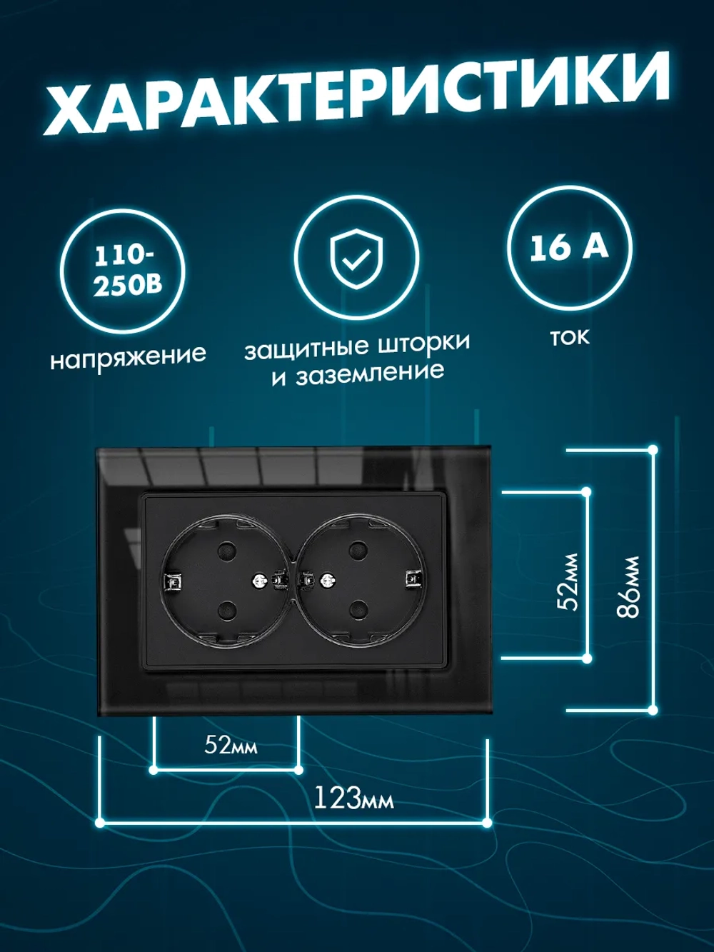 Розетка двойная в один подрозетник из закалённого стекла