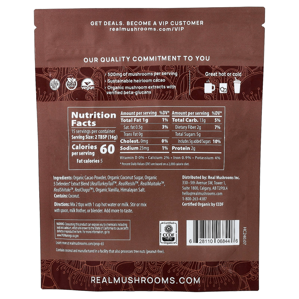 Real Mushrooms, горячий шоколад с грибами и 5 Defenders®, 240 г