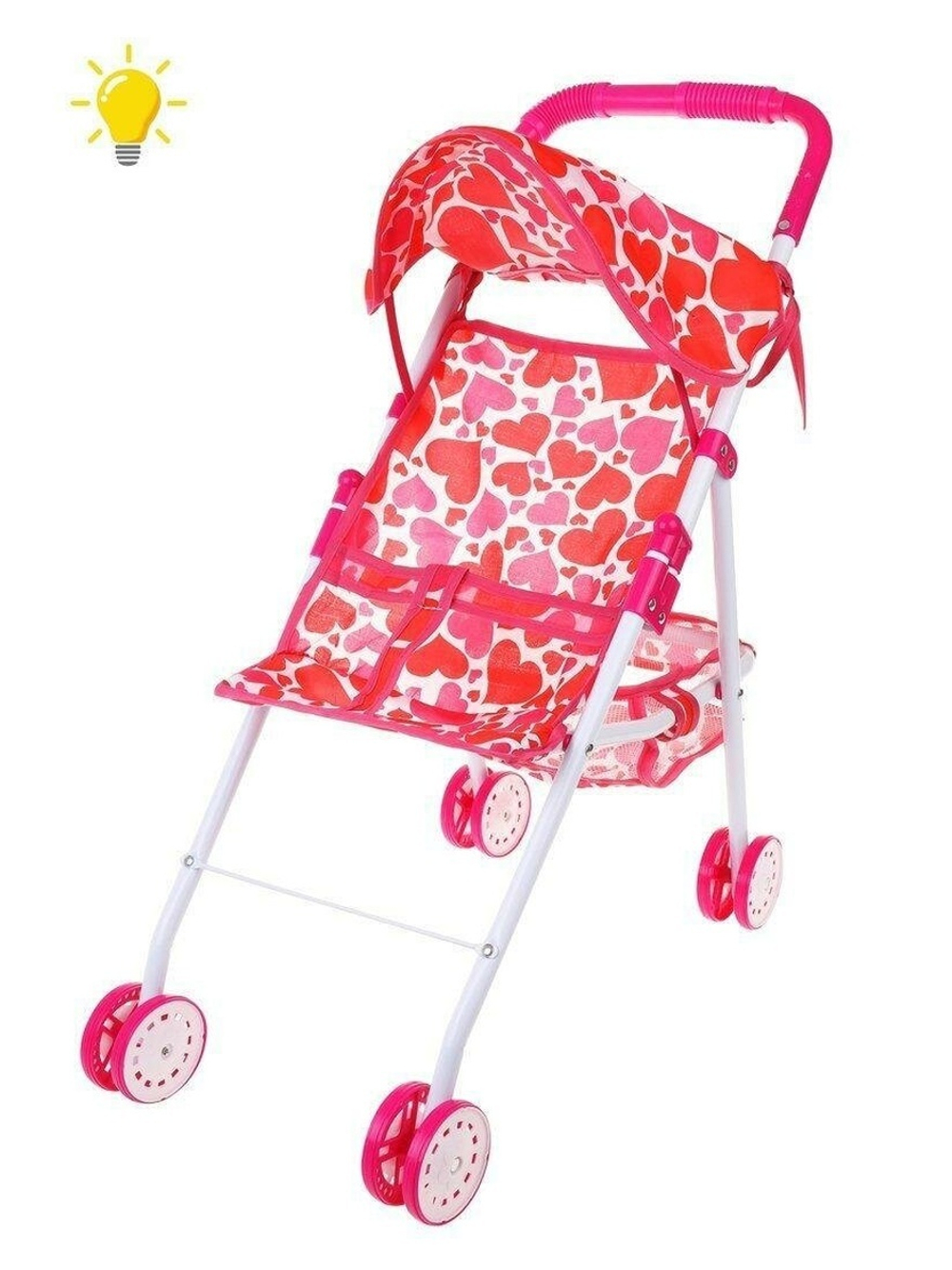 Коляска д/кукол прогулочная "Сердца" светящаяся, с крышей, мет, пакет M1418-12L