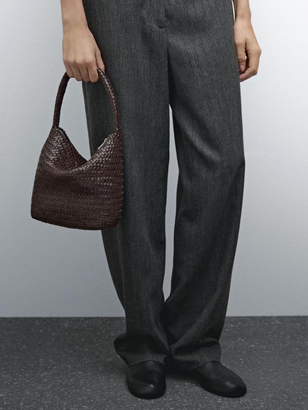 Massimo Dutti Сумка-мешок из кожи наппа с плетеным узором, коричневый