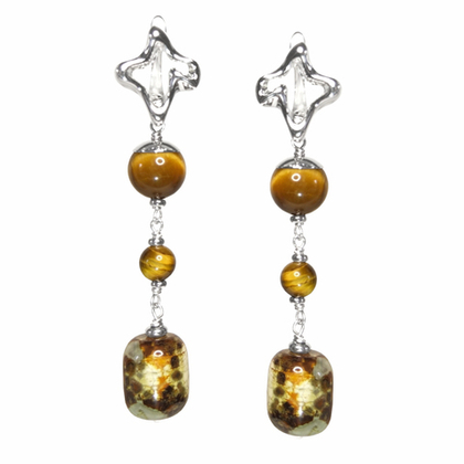 Серьги длинные с оливковым агатом и тигровым глазом