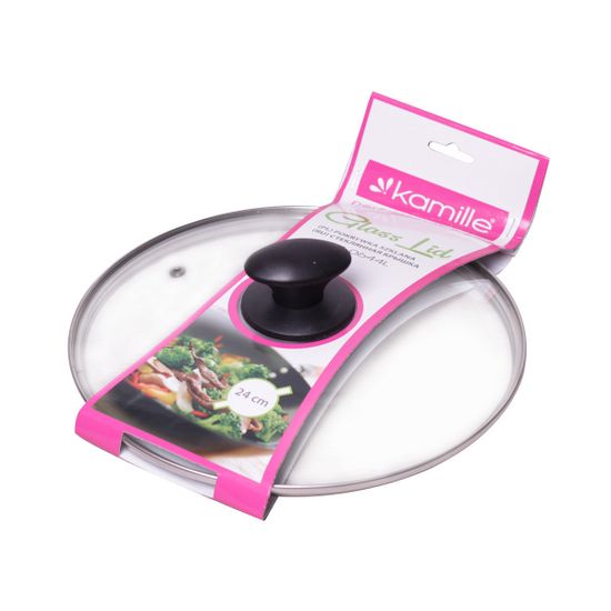 Крышка 24 см. стеклянная универсальная Kamille КМ-0644L с металлическим ободком