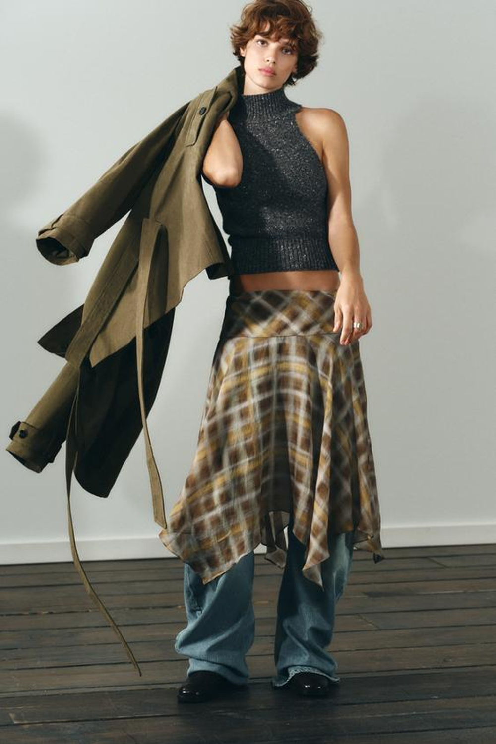 ZARA ЮБКА МИДИ В КЛЕТКУ, ХАКИ