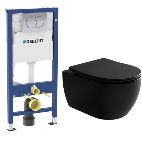 Комплект подвесной безободковый унитаз Ceramica Nova Play CN3001MB черный матовый с сиденьем микролифт + инсталляция Geberit Delta 458.149.21.1 с кнопкой, хром глянцевый