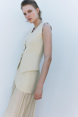 ZARA ОДНОТОННЫЙ ТРИКОТАЖНЫЙ ЖИЛЕТ, СЛОНОВАЯ КОСТЬ