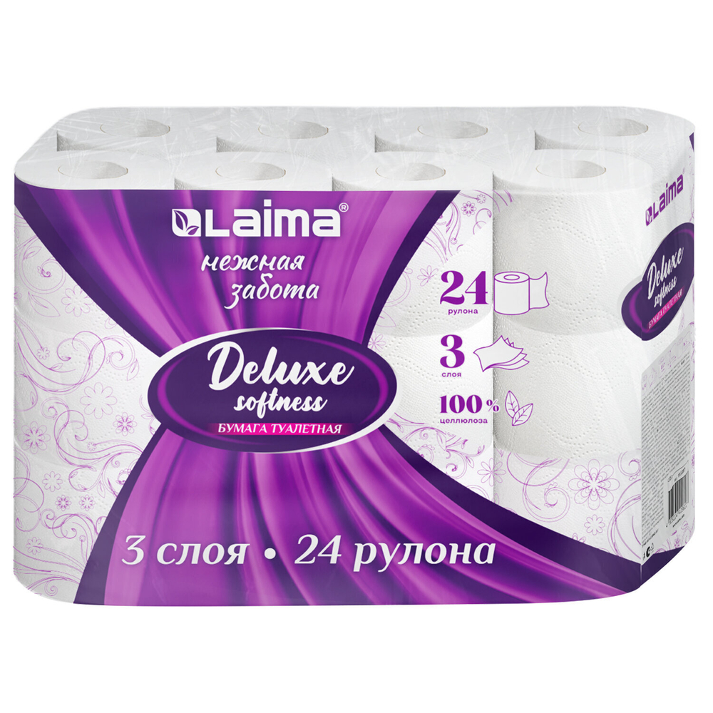 Бумага туалетная 3-х слойная 24 рулона (24х16 5 м) LAIMA Deluxe 100% целлюлоза (3 штуки в упаковке)