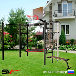 Уличная шведская стенка Sv Sport рукоход с комплектом турник прямой У5282.1К (Турник/Брусья/Стойка/Скамья/Гнездо 100см/Щит баскет/Канат/кольца/лестница)