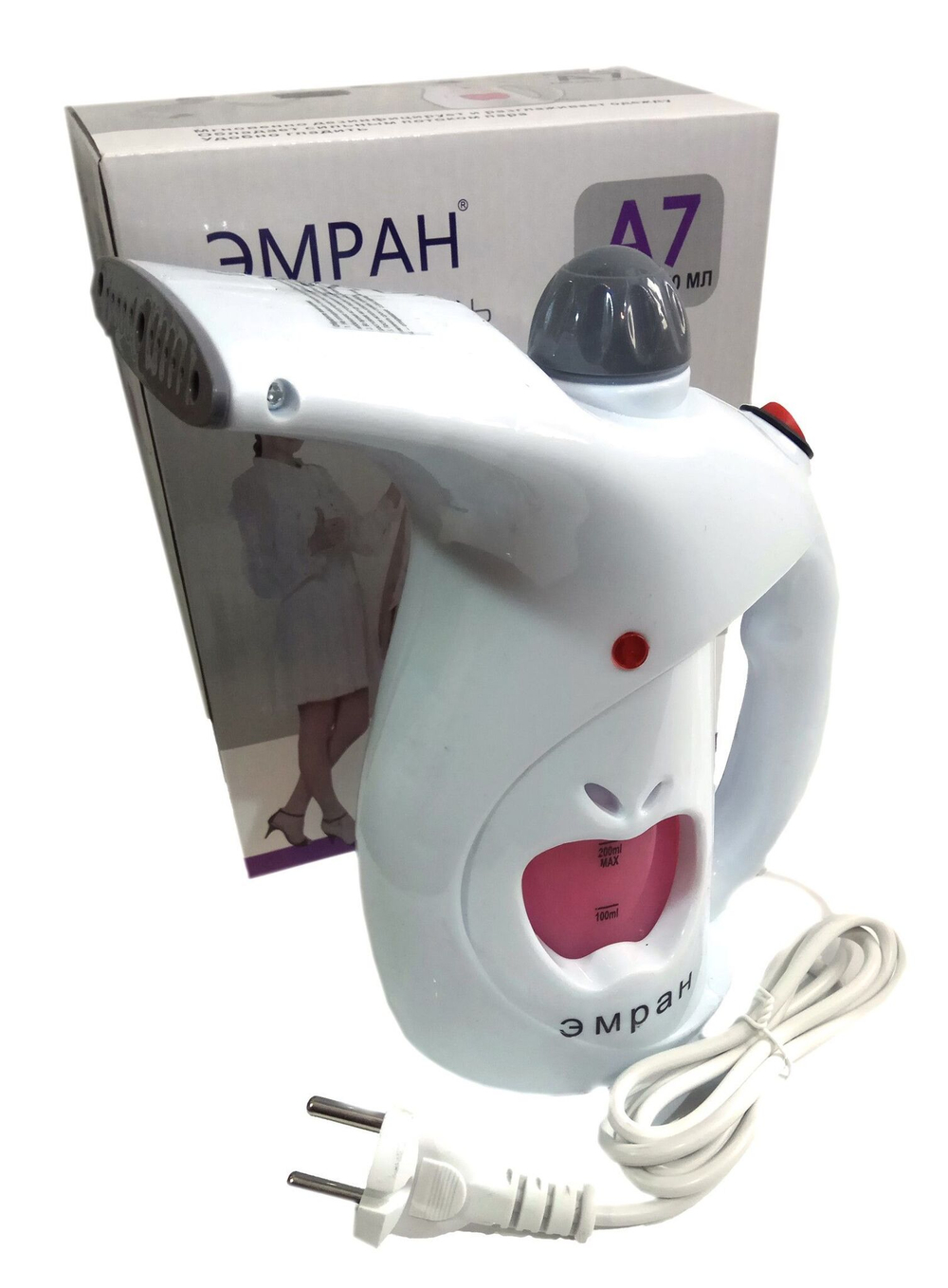 Ручной отпариватель одежды,  парогенератор ЭМРАН А7 с насадкой, 1400Вт, 250мл, цвет белый