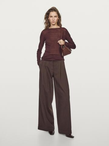 Massimo Dutti Футболка из 100% хлопка с деталями на воротнике, бургунди