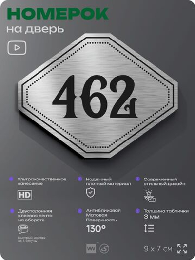 Номерок на дверь квартиры 462, для кабинета, офиса, шильдик 9 х 7 см, брашированная сталь, Айдентика Технолоджи