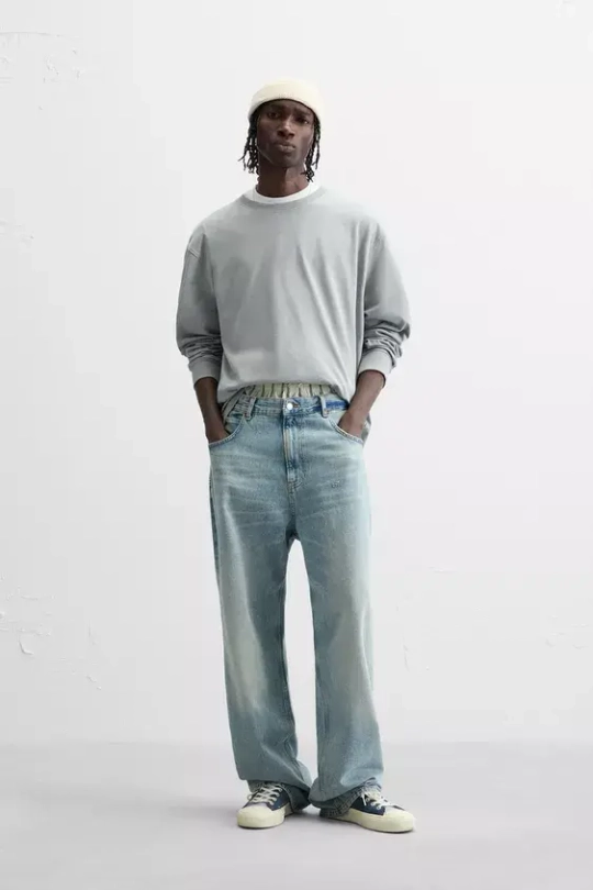 ZARA БАЗОВАЯ ФУТБОЛКА С ДЛИННЫМИ РУКАВАМИ, СЕРО-СИНИЙ