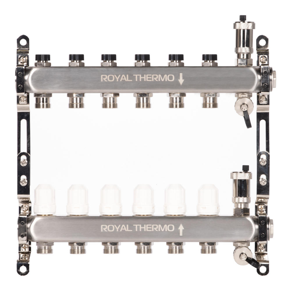 Коллектор Royal Thermo нерж. в сборе универсальный 1" ВР-3/4" НР с автомат. воздухоотвод-ми 6 вых.