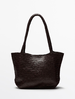 Massimo Dutti Большая плетеная сумка-шопер из кожи наппа, коричневый