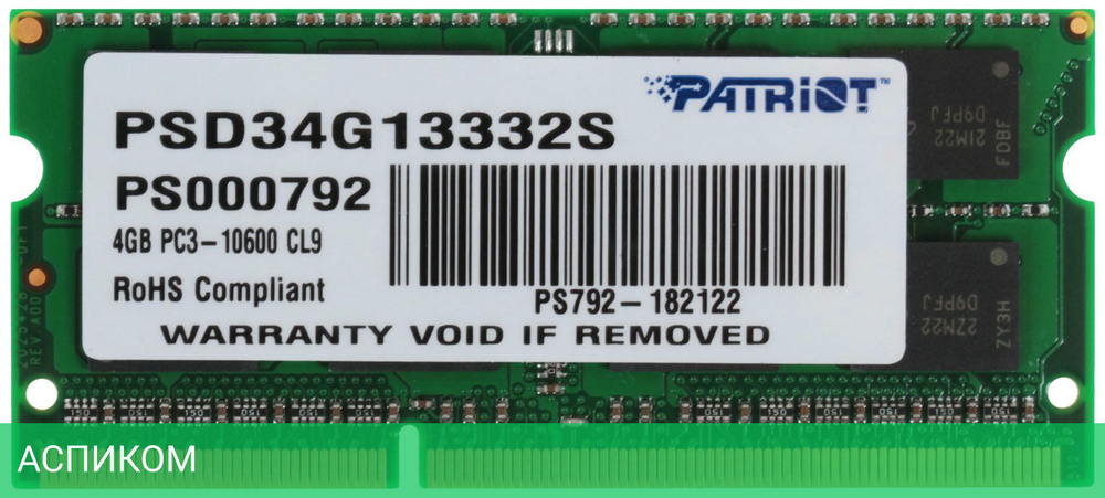 Оперативная память Patriot Signature 4GB DDR3 SO-DIMM PC3-10600 (PSD34G13332S)