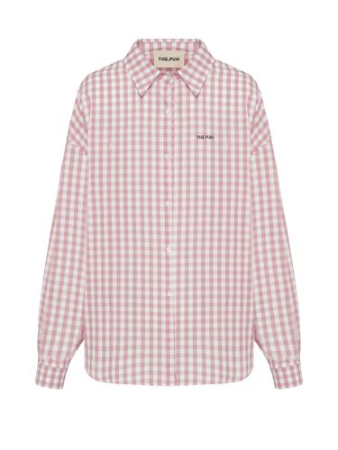 Бежевая хлопковая оверсайз рубашка в клетку