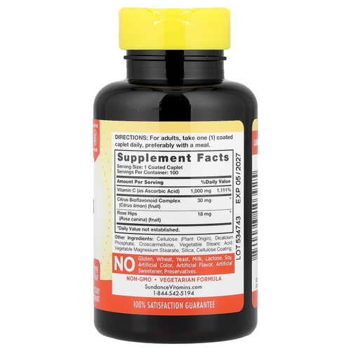 Sundance Vitamins, Витамин C + биофлавоноиды и шиповник, 100 капсуловидных таблеток, покрытых оболочкой