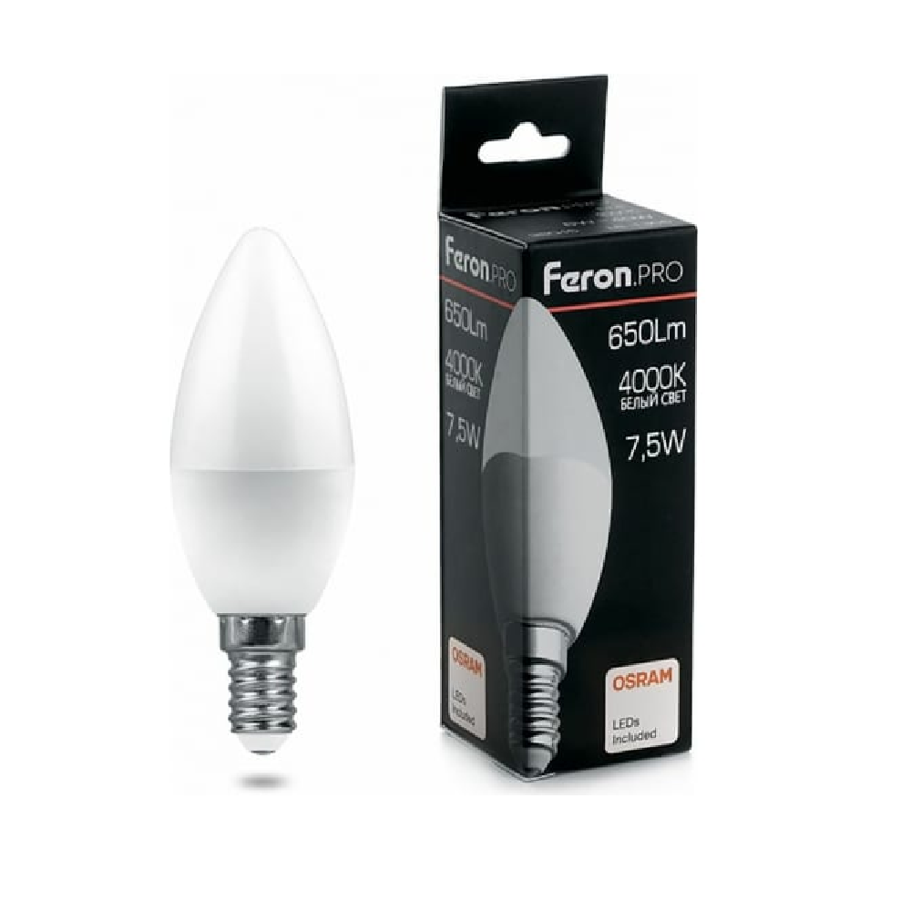 Feron.PRO Лампа св/д свеча C37 E14 7.5W 650lm 4000K 4K матовый 100x37 OSRAM LED