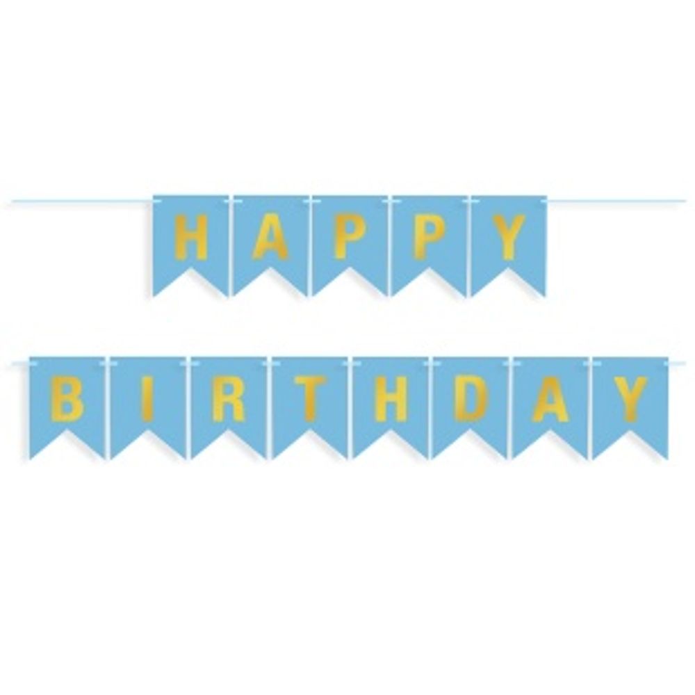 Гирлянда Флажки, Happy Birthday, Ярко-голубой/Золото, Металлик, 500 см, 16*12 см, 1 упак.