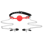 Красный кляп-шарик с зажимами на соски на металлической цепочке Bior Toys Notabu NTB-80541