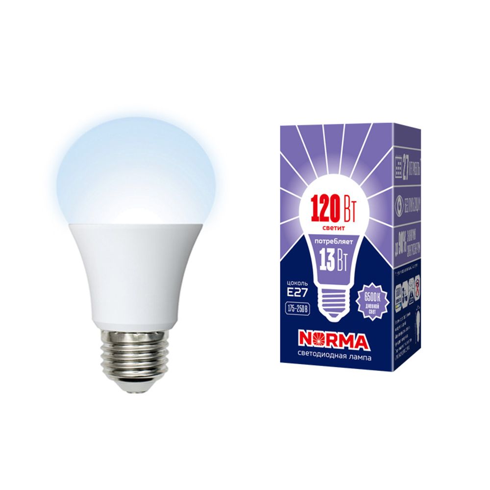 LED-A60-13W-DW-E27-FR-NR Лампа светодиодная. Форма A. матовая. Серия Norma. Дневной белый свет 6500K. Картон. ТМ Volpe