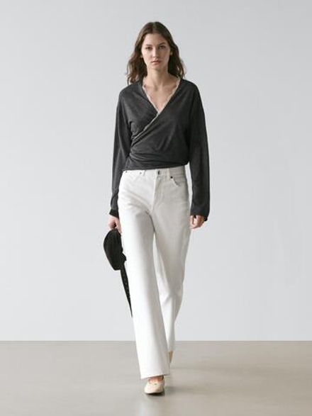 Massimo Dutti Кардиган внахлест с отделкой кружевом, антрацитово-серый