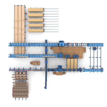 Лесопильная линия с перекладкой лафетов и разворотом
