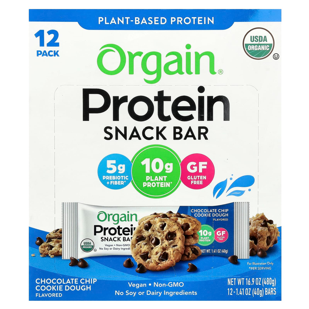 Orgain, Протеиновый батончик на растительной основе, тесто для шоколадного печенья, 12 батончиков, 40 г (1,41 унции)