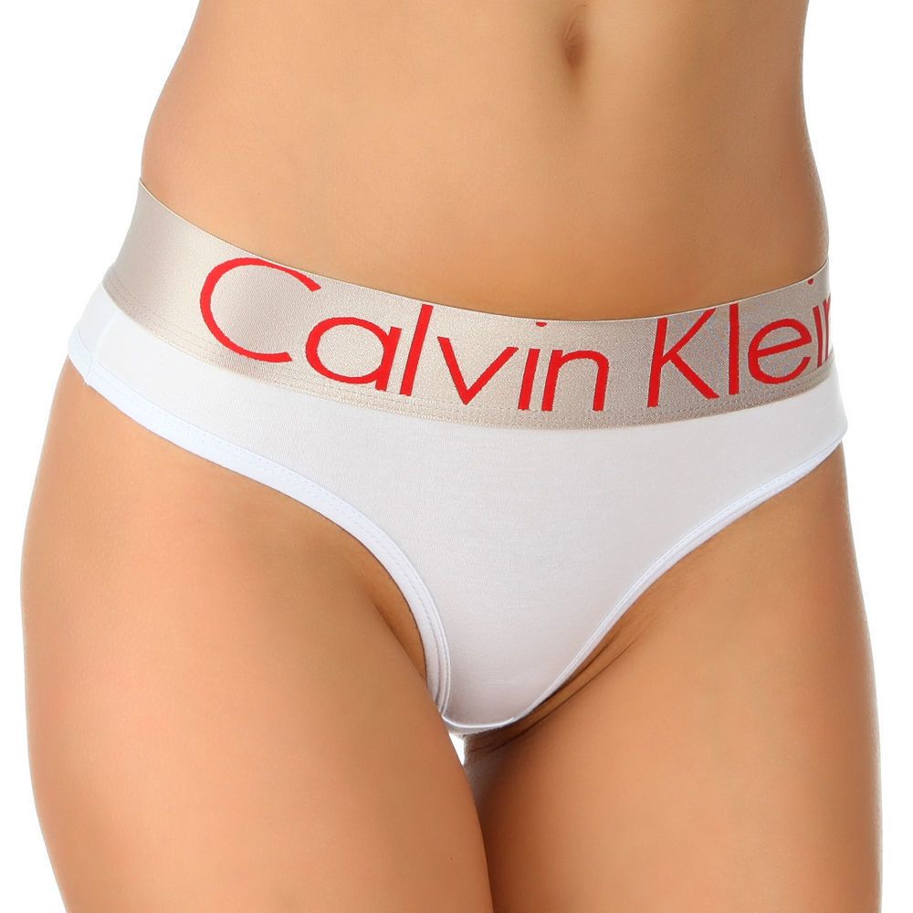Женские трусы стринги белые с розовыми буквами резинкой Calvin Klein Women String White Pink Letters