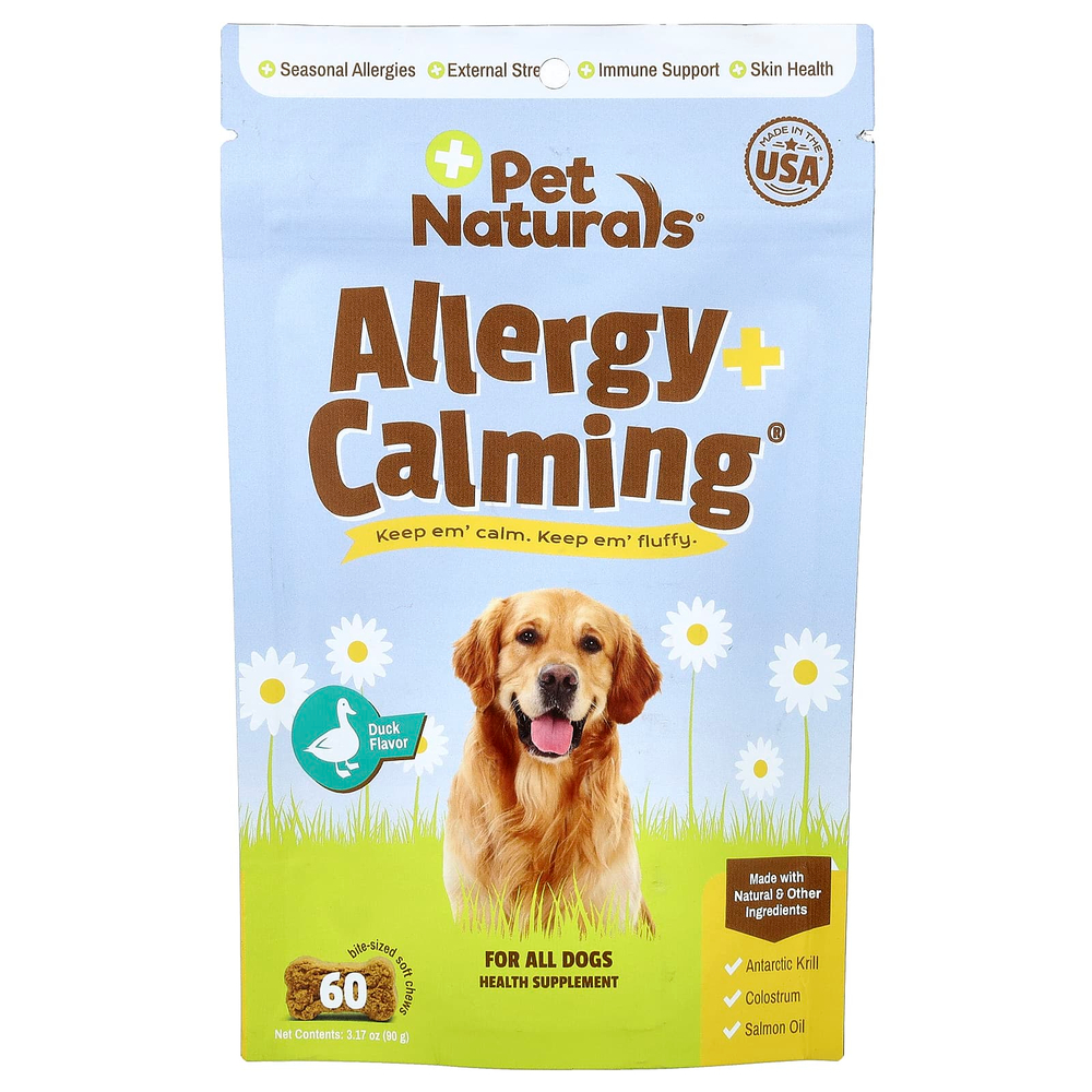 Pet Naturals, Allergy + Calming®, для всех собак, со вкусом утки, 60 жевательных таблеток, 90 г (3,17 унции)