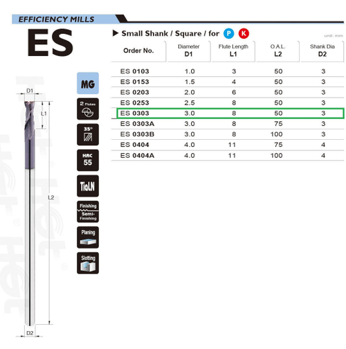 фреза тв.спл. 2-зубая  ф3х8х50, dхв=3   ES0303