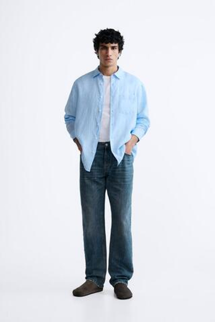 ZARA РУБАШКА ИЗ 100% ЛЬНА, НЕБЕСНО-ГОЛУБОЙ