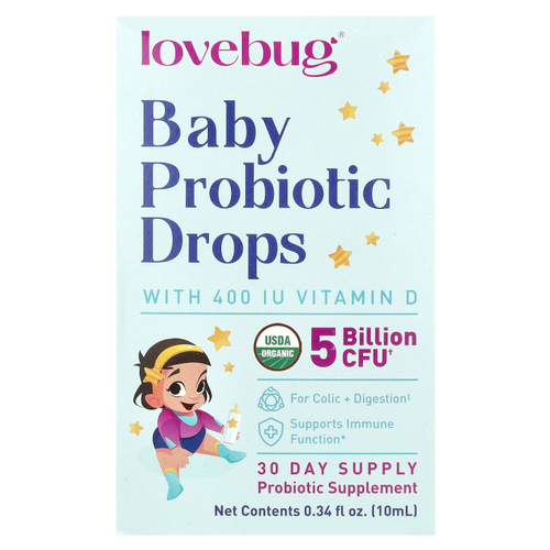 LoveBug Probiotics, пробиотик в каплях для детей, с витамином D, 10 мл (0,34 жидк. унции)