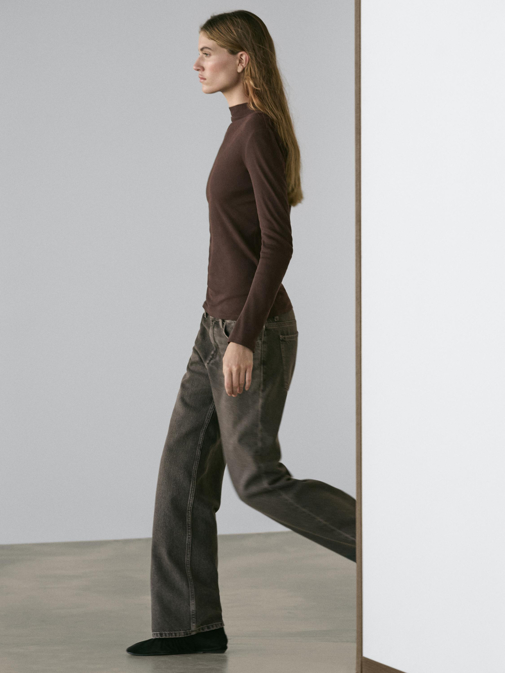 Massimo Dutti Хлопковая футболка в рубчик с длинными рукавами, коричневый