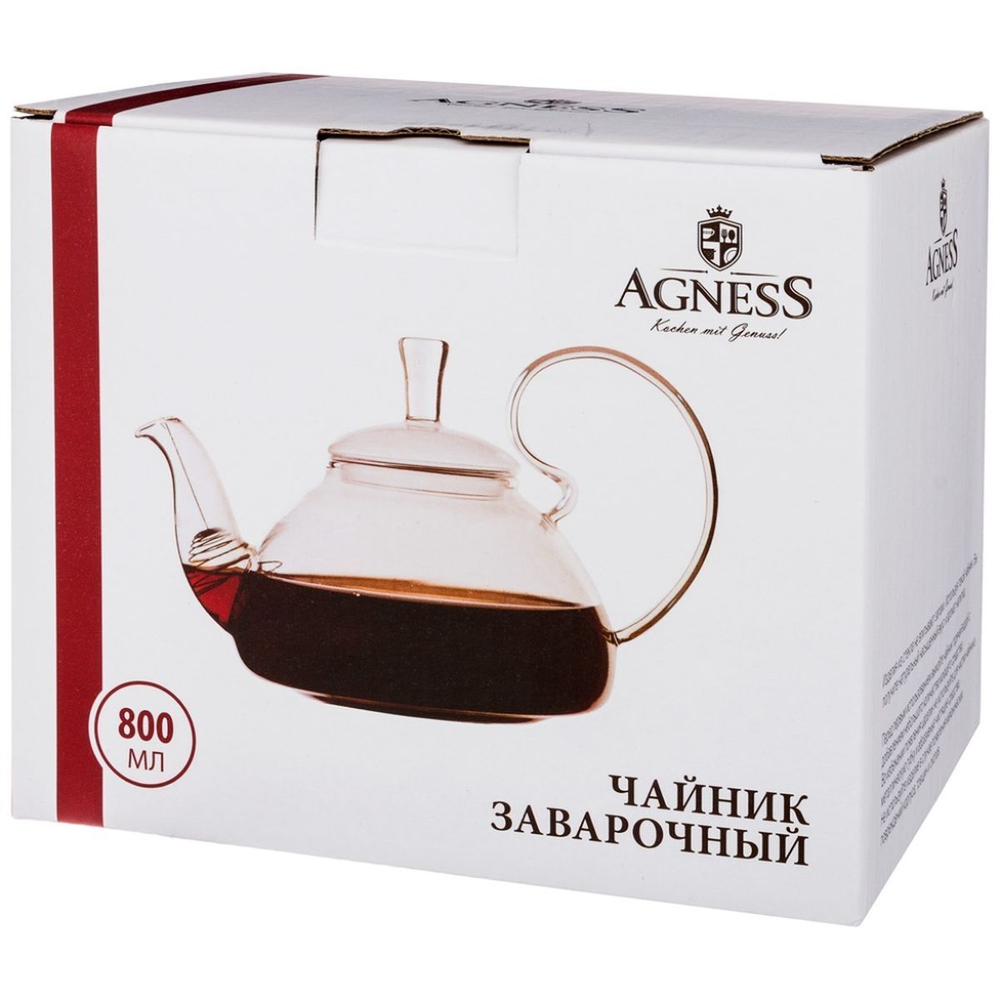 Чайник заварочный стекло, 0.8 л, с ситечком, Agness, 250-136