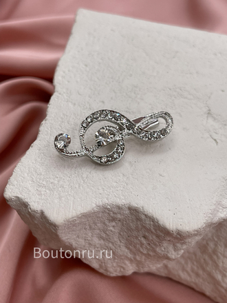 Брошь "Скрипичный ключ" серебристая в стразах