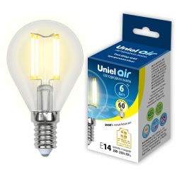 LED-G45-6W-WW-E14-CL GLA01TR Лампа светодиодная. Форма шар. прозрачная. Серия Air. Теплый белый свет 3000K. Картон. ТМ Uniel