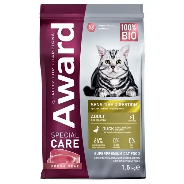 Сухой корм AWARD Special Care Sensitive Digestion для кошек с чувствительным пищеварением, со свежим мясом утки