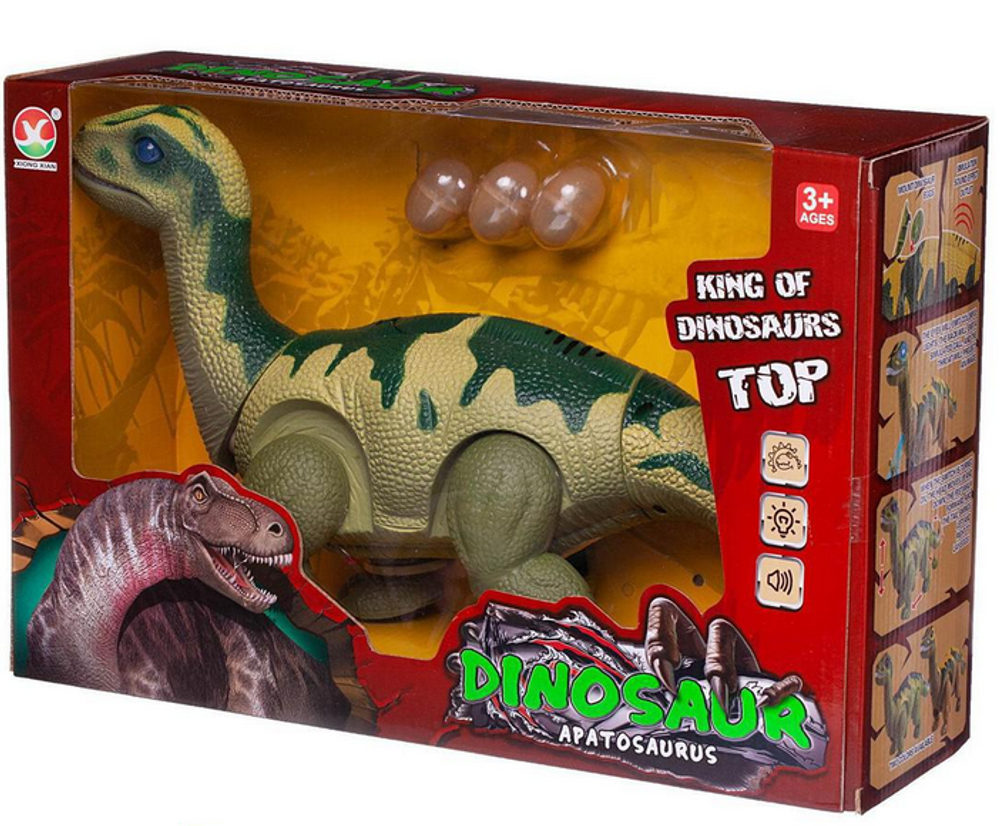 Динозавр Апатозавр зеленый. Ходит, откладывает яйца, свет/звук WB-00700/зеленый (Junfa)