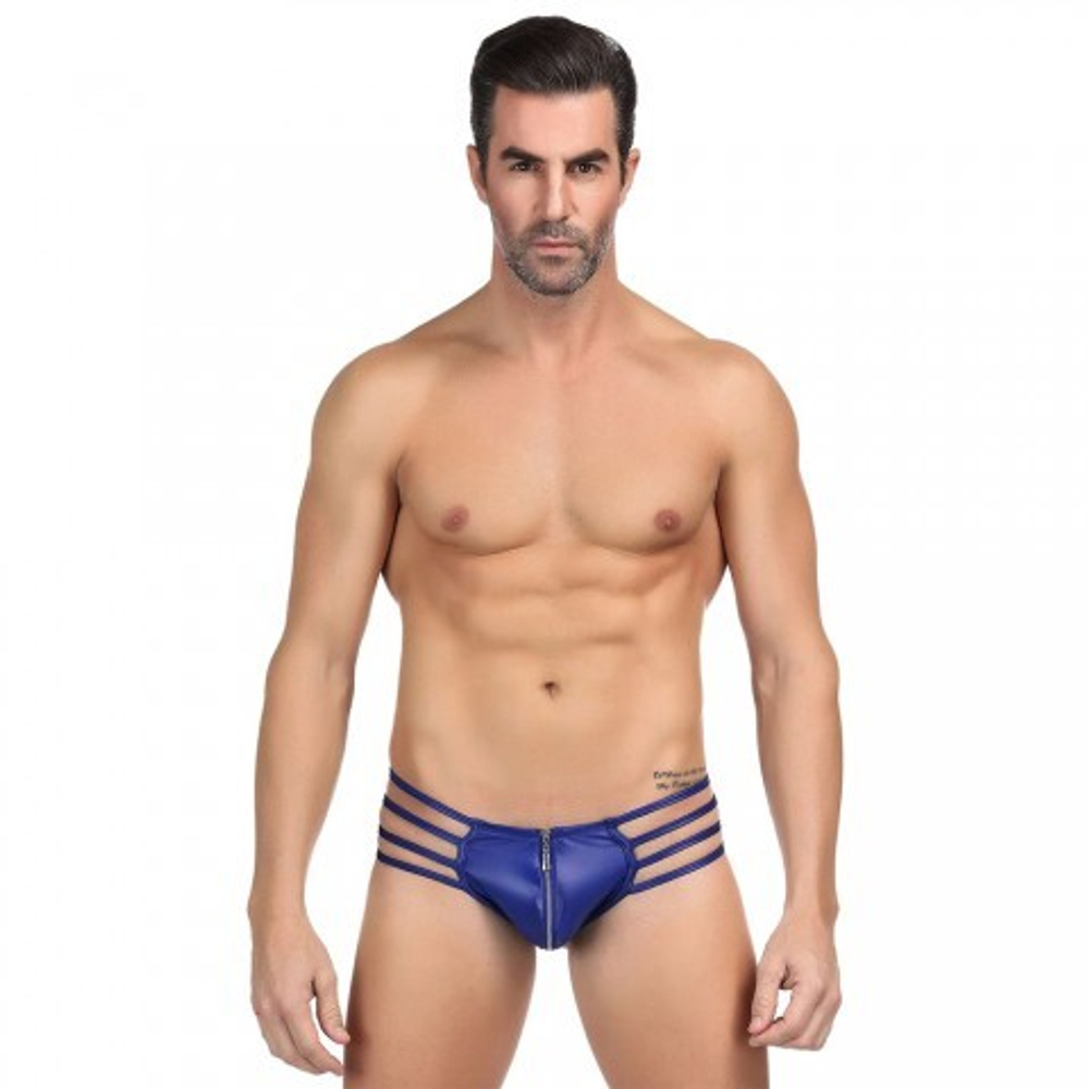 Кожаные мужские стринги Ohyeah Zipper Blue, на молнии со стрепами, S