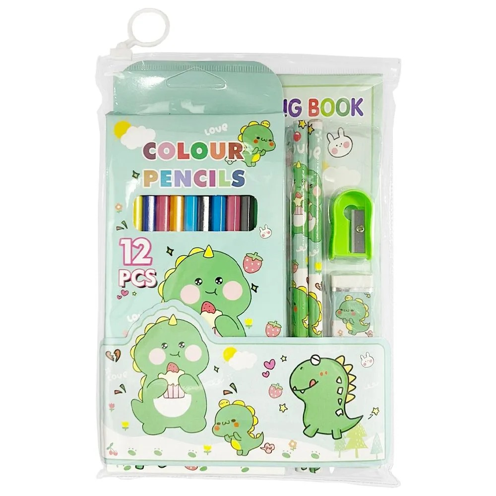 Набор школьный c альбомом для рисования 12 листов, 12 цветных карандашей, 2 простых карандаша, ластик и точилка, Динозаврик