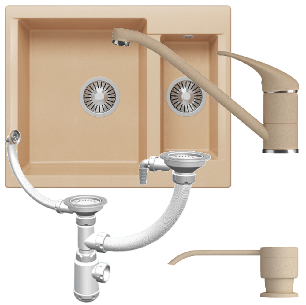 Мойка POLYGRAN BRIG-620 бежевый №27, смеситель НИЗКИЙ КРАН ЭКО бежевый