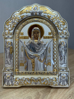 Покрова БМ, икона арочная с рамкой под стеклом, белое дерево 266х335